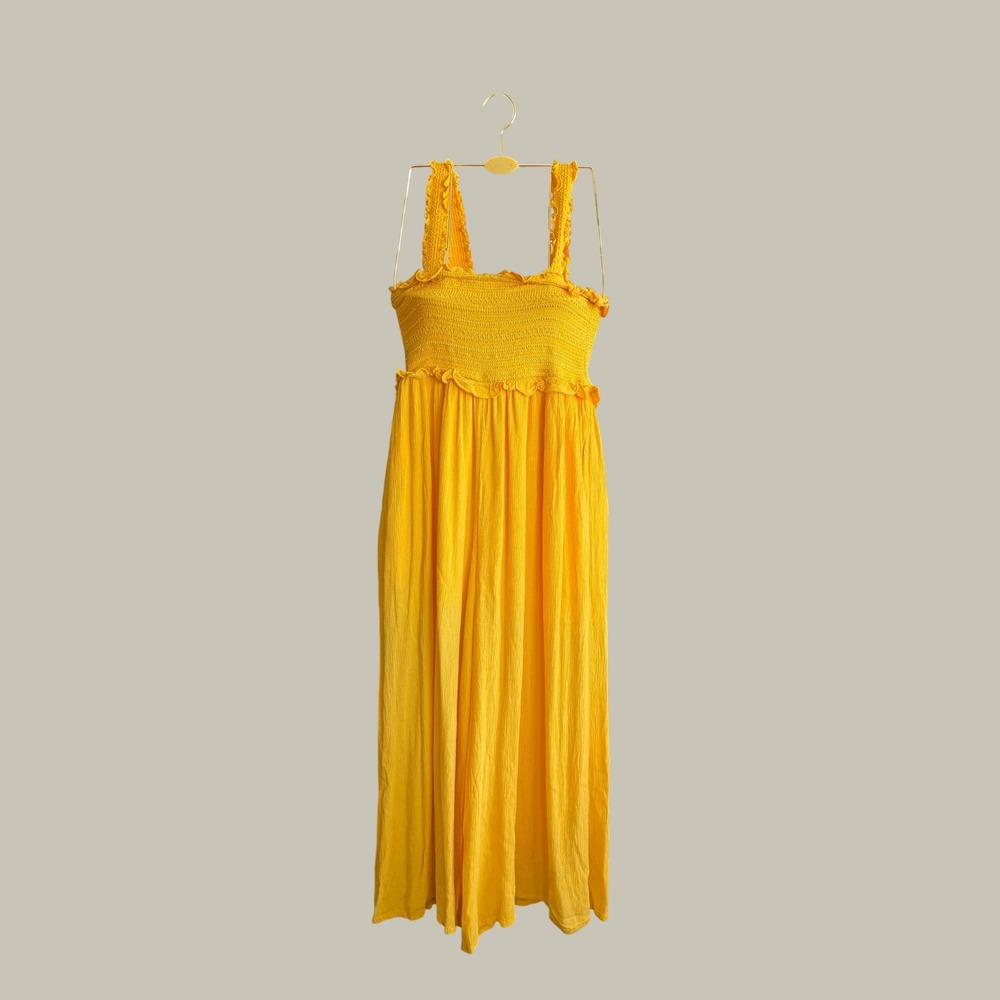 Urban Outfitters Mustard Yellow‎ Smocked Wide Leg Jumpsuit Medium Boho